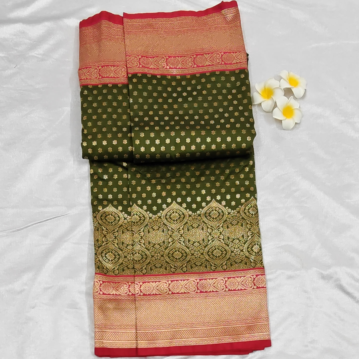Banarasi soft silk red and green saree
