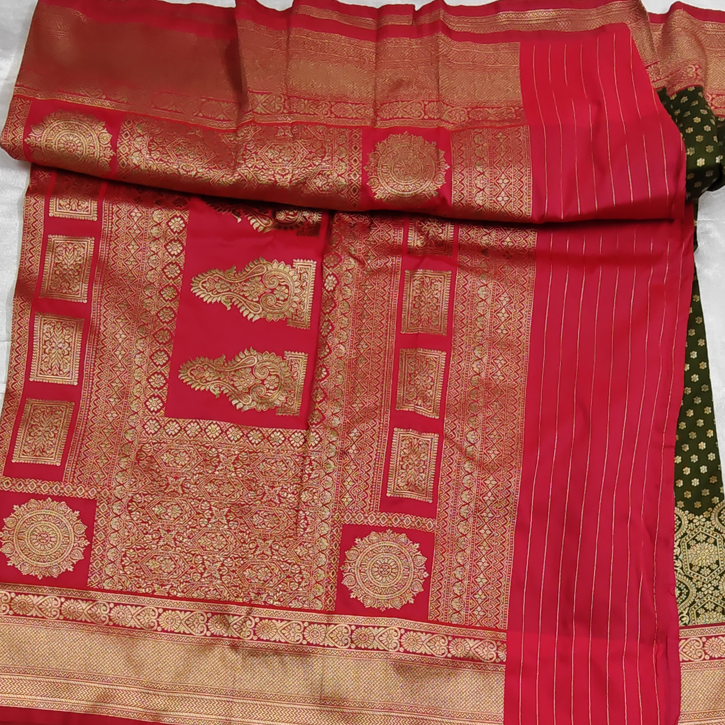 Banarasi soft silk red and green saree
