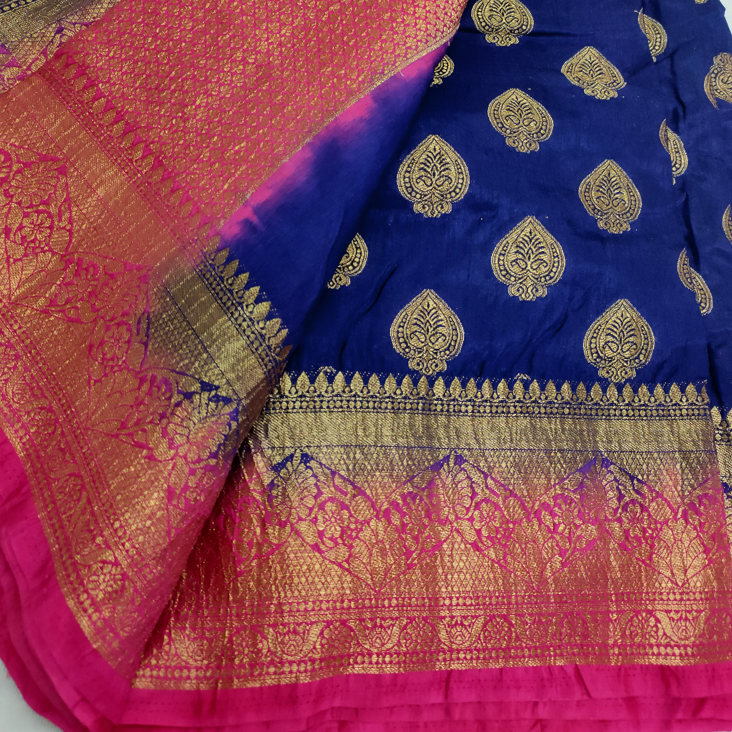 Banarasi raw silk crushed boarder saree , rani pink boarder, any blue body