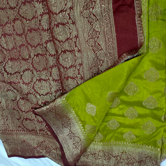 Close-up of a patterned fabric with red and green colors