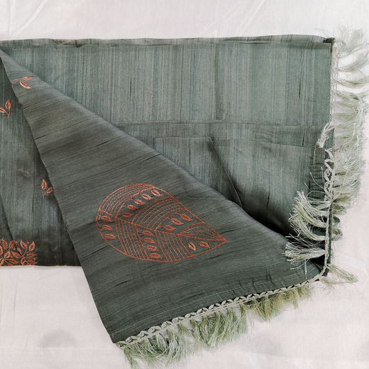 Butter silk dusty green embroidery saree