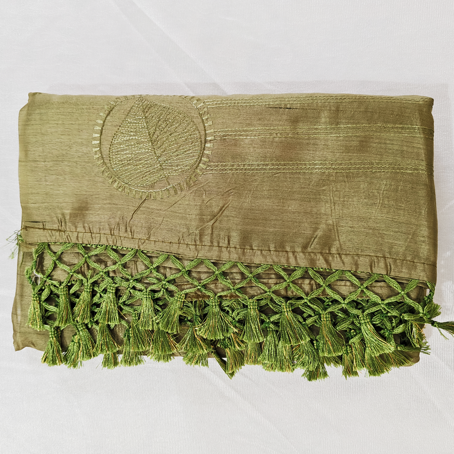 Butter silk pure handloom olive green embroidery saree
