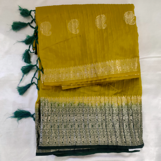 Crushed Banarasi sil saree lime yellow and bottle green boarder