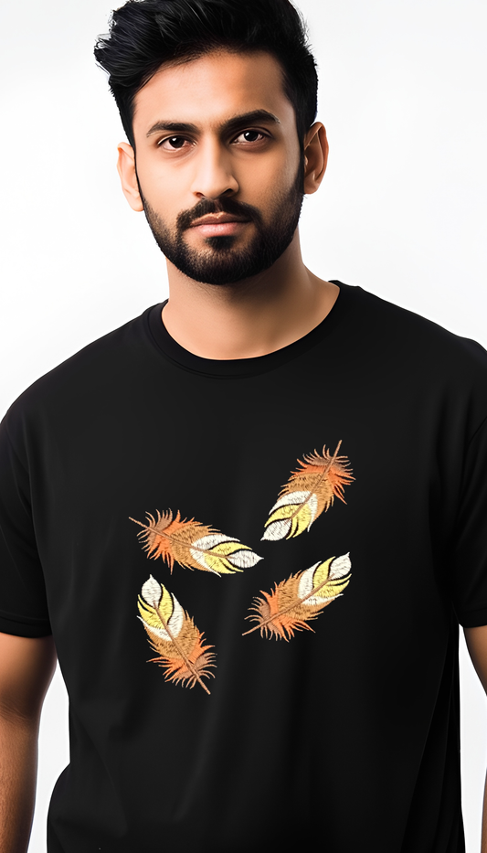 Feather embroidered french terry oversized 240 gsm black T shirt