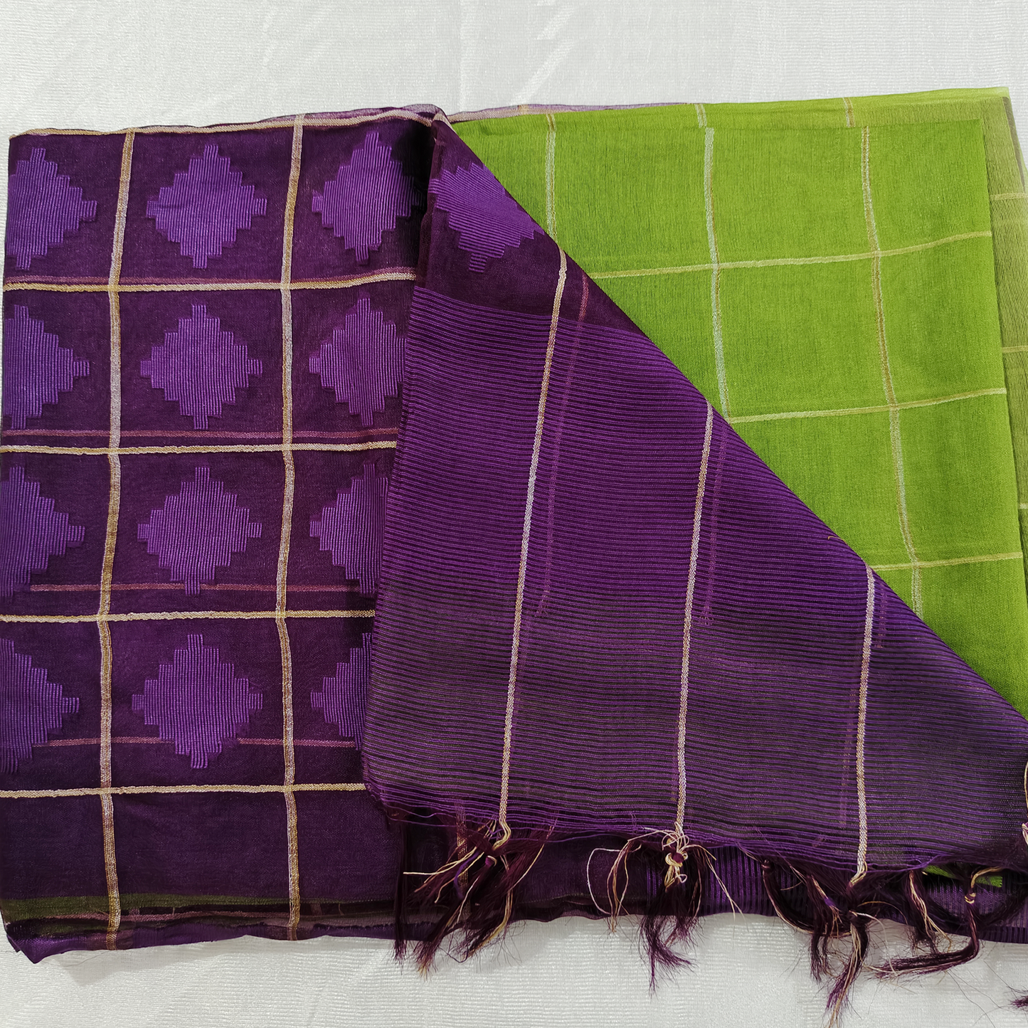 Handloom Hakoba Silk Saree - Parrot Green/Violet
