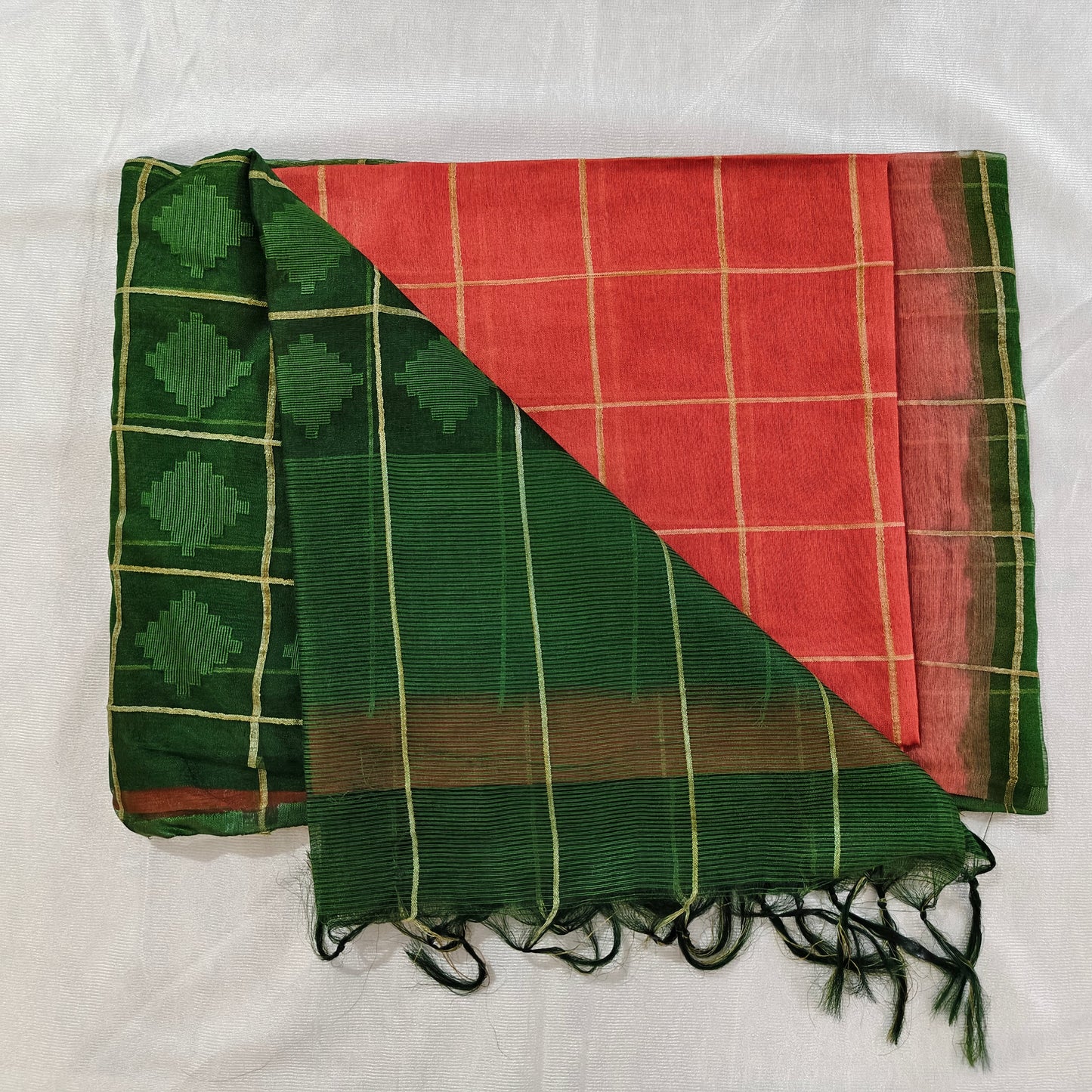 Handloom Hakoba Silk-Peach/Green