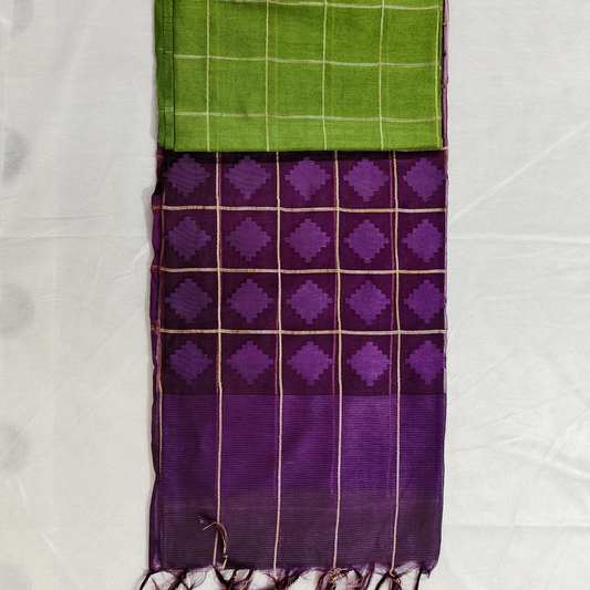 Hakoba silk, pur handloom parrot green and violet saree