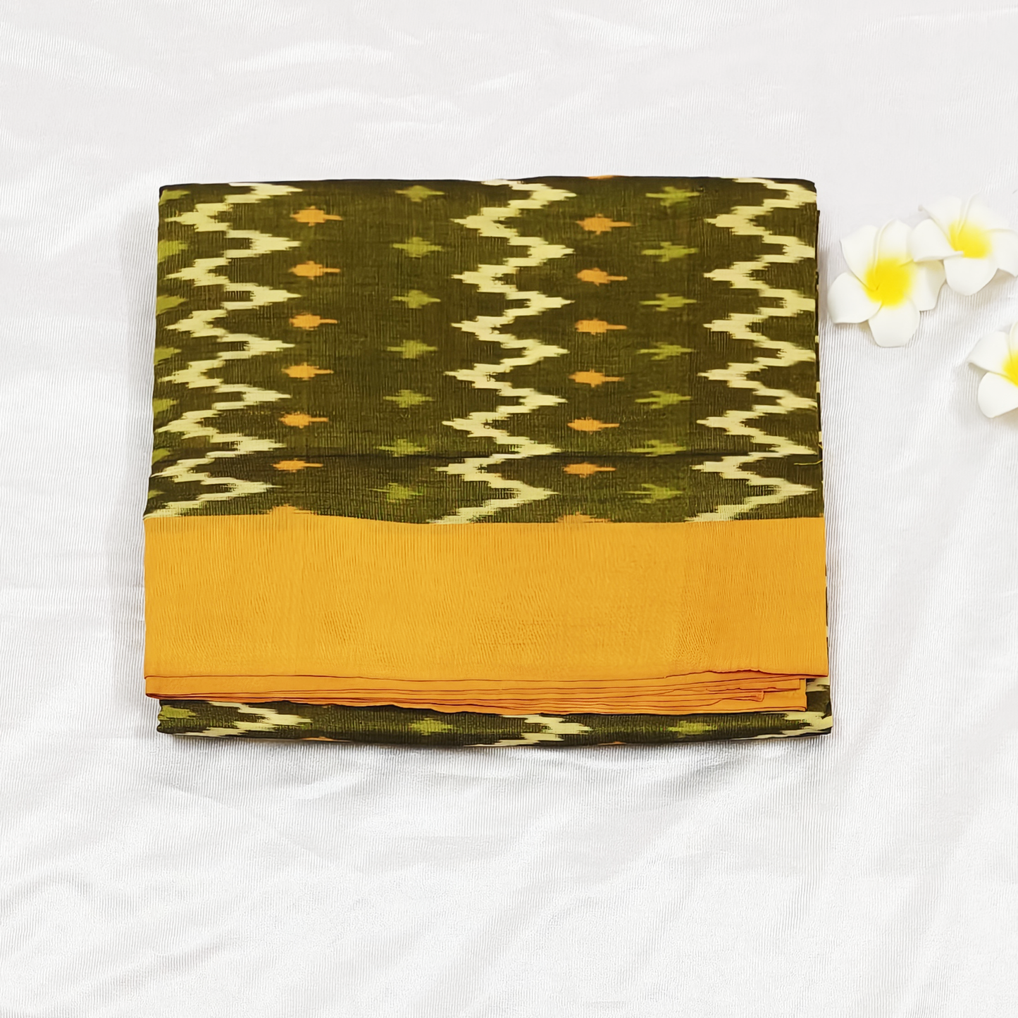 Pure handloom pochampally cotton saree with ikat weaves mehendi gree