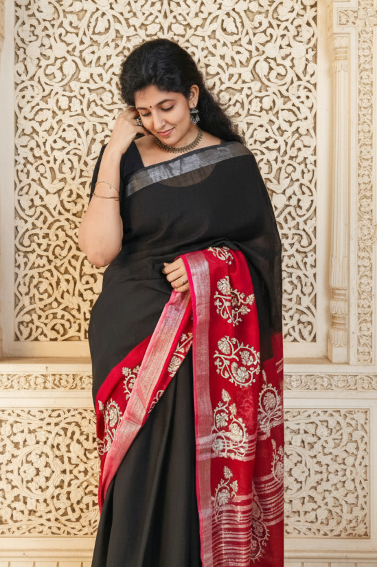 women in beautiful hand block printed linen cotton black saree
