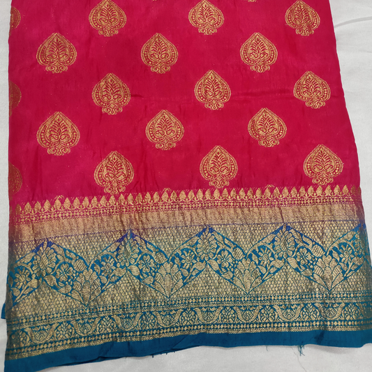 Banarasi raw silk crushed boarder saree , rani pink, blue boarder