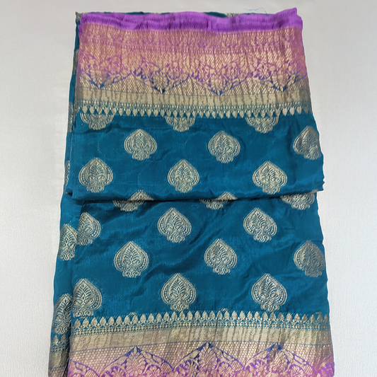 Banarasi raw silk crushed boarder saree , peacock blue, lavender boarder