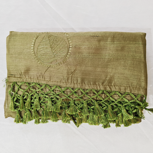 Butter silk pure handloom olive green embroidery saree