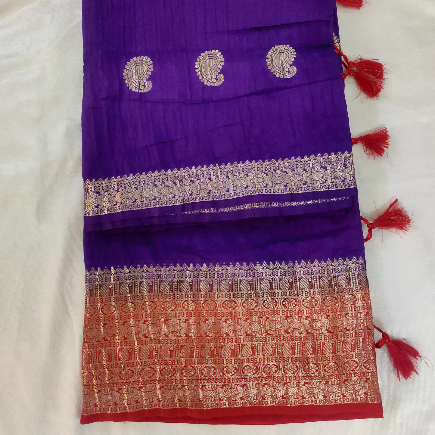CRushed banarasi silk saree purple with rest orange oarder