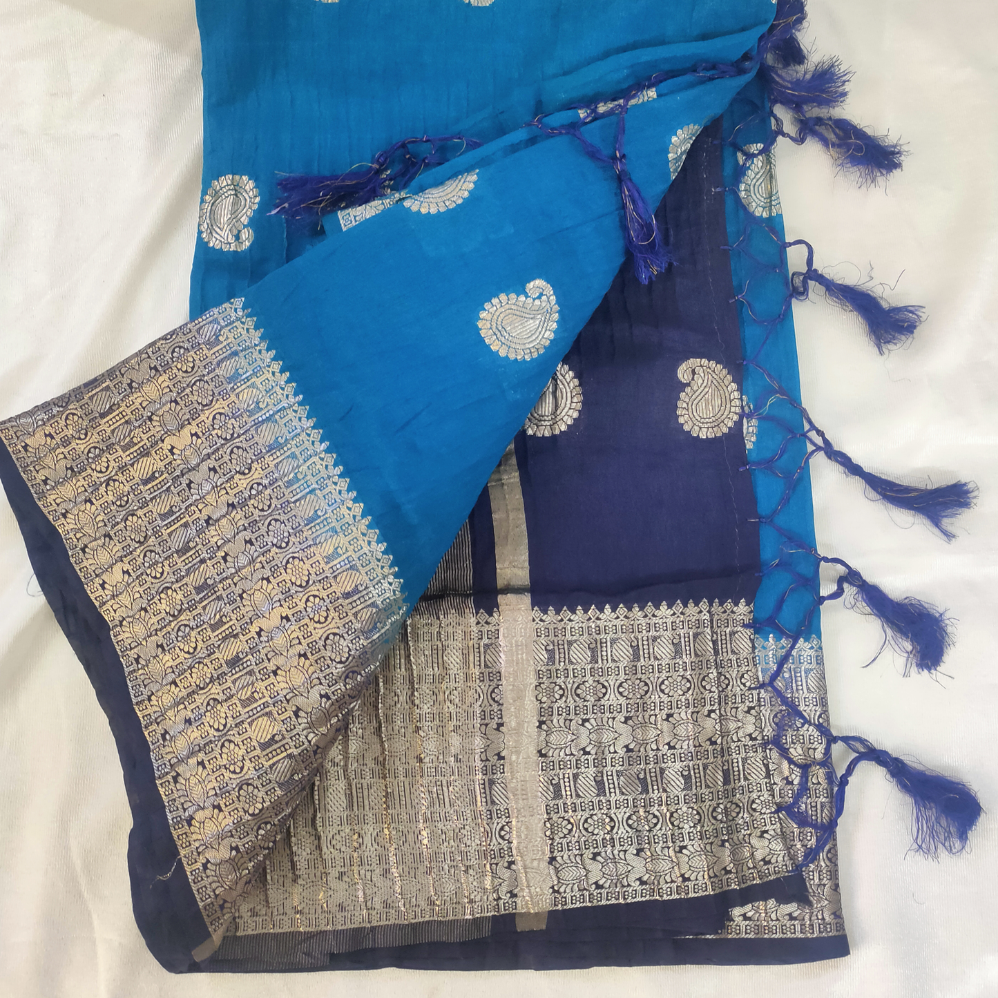 Crushed banarasi silk saree peacock blue with nave blue boarder