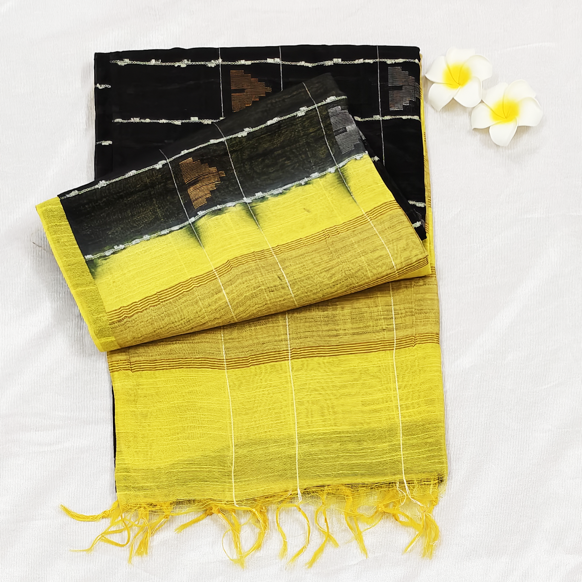 Hakoba silk pure handloom black yellow saree with buttas