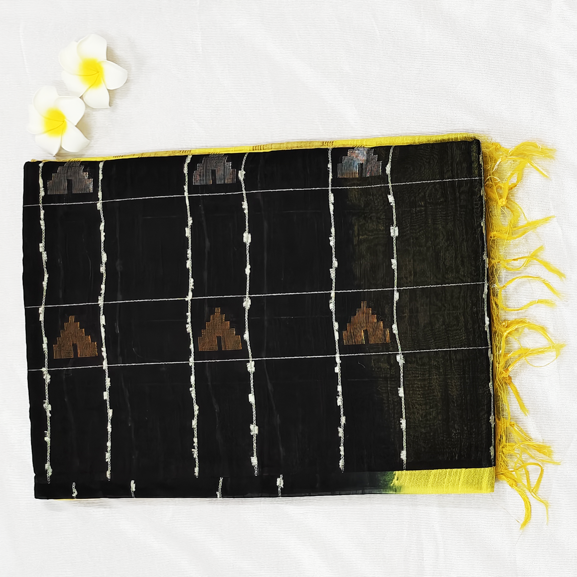 Hakoba silk pure handloom black yellow saree with buttas