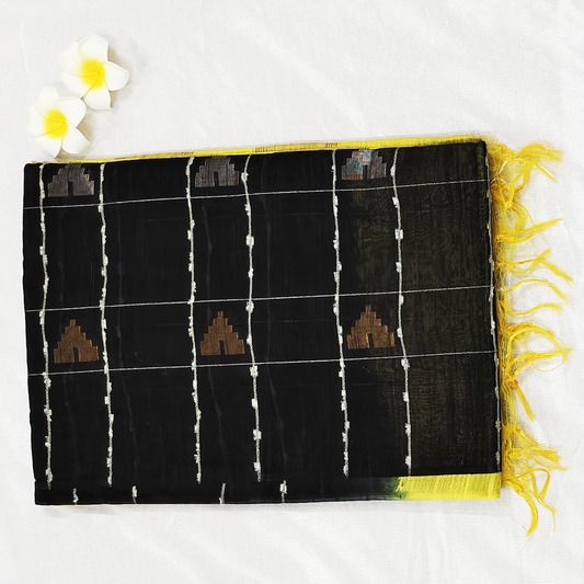 Hakoba silk pure handloom black yellow saree with buttas