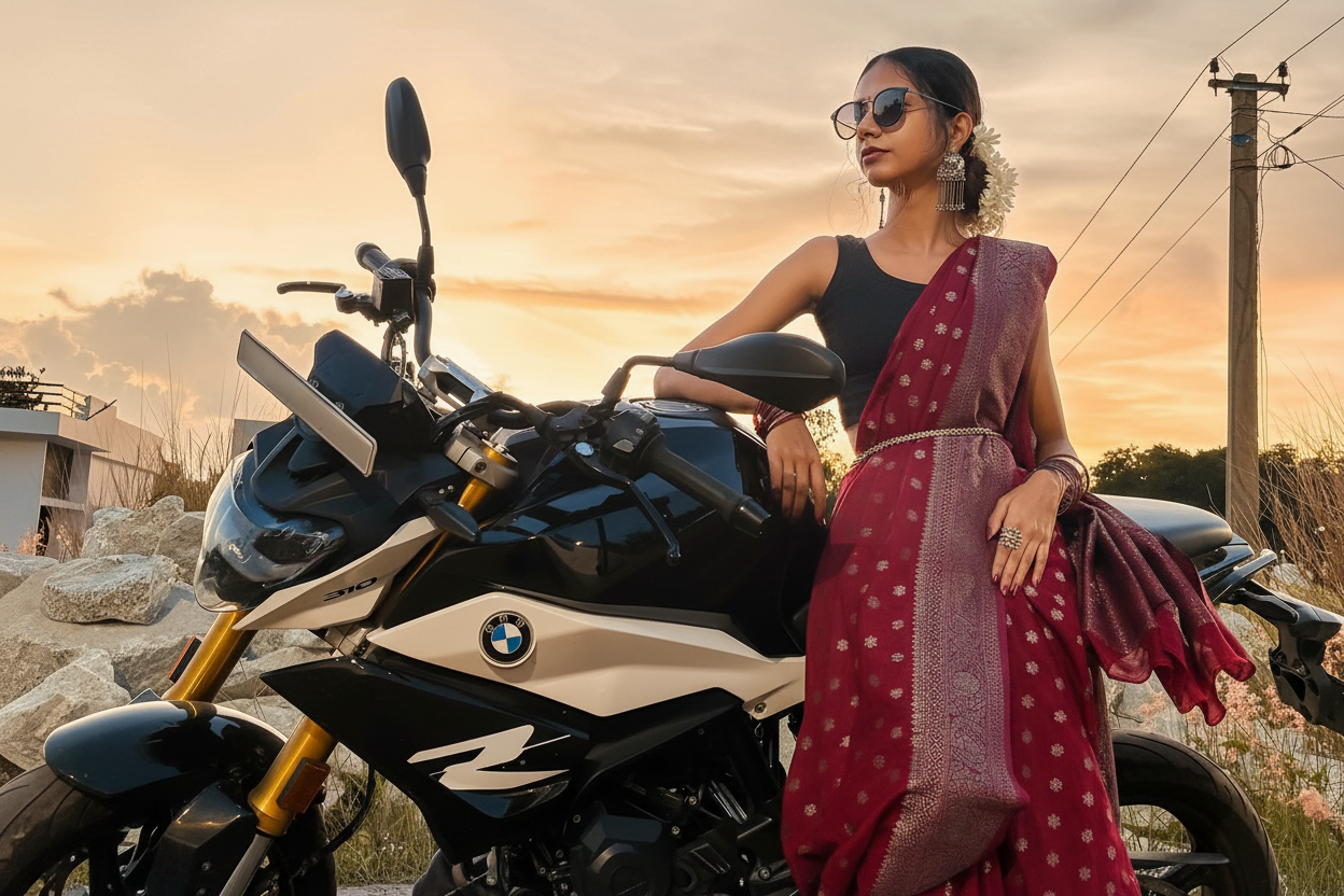Woman in a saree sitting on a BMW motorcycle with a scenic background