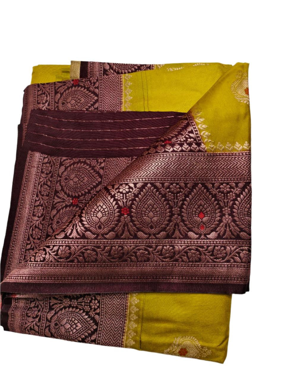 Raw mango soft silk, mustard yellow and coffee brown, antique zar woven boarder, all over buttas, with running blouse