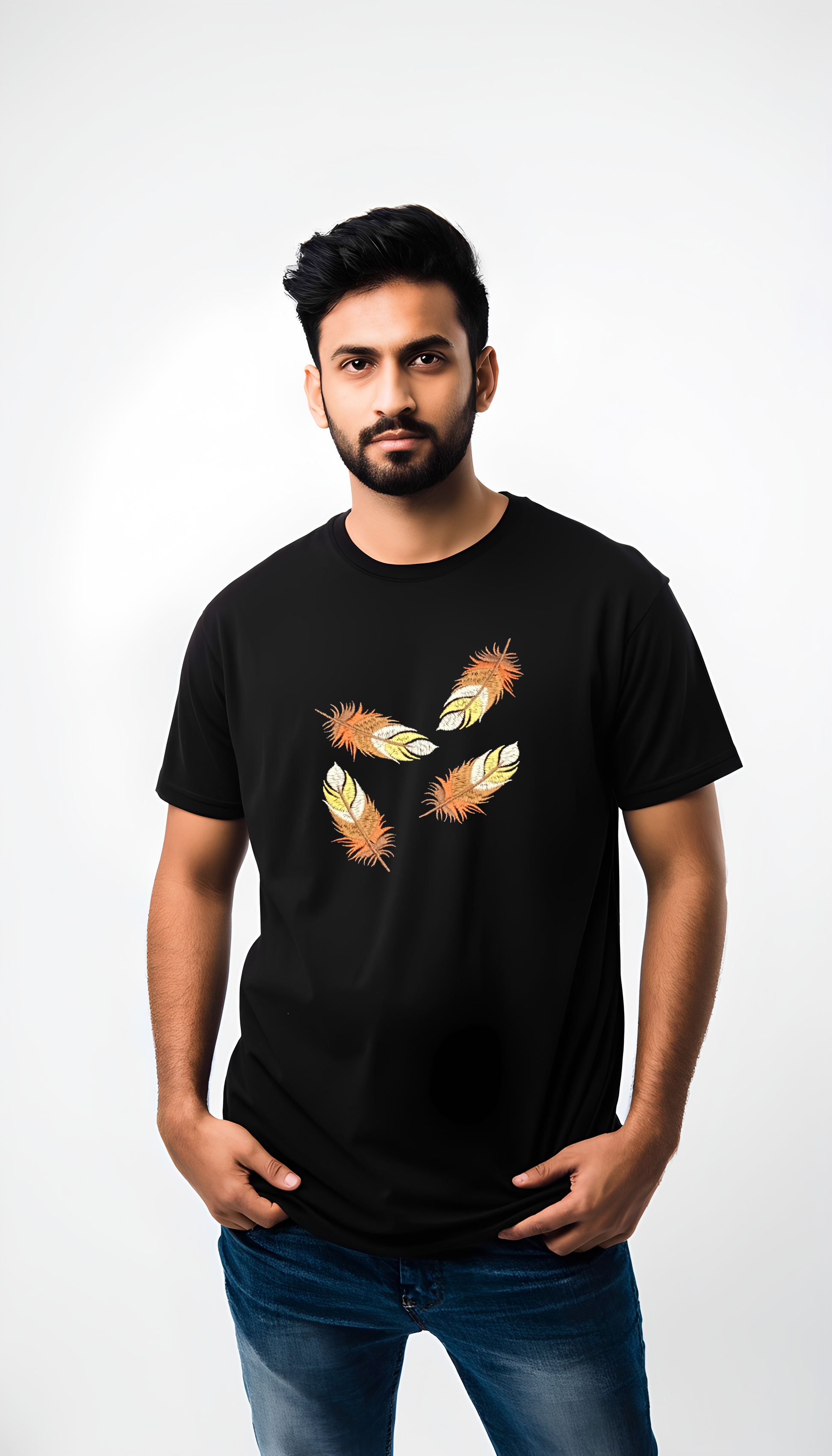 Feather embroidered french terry oversized 240 gsm black T shirt
